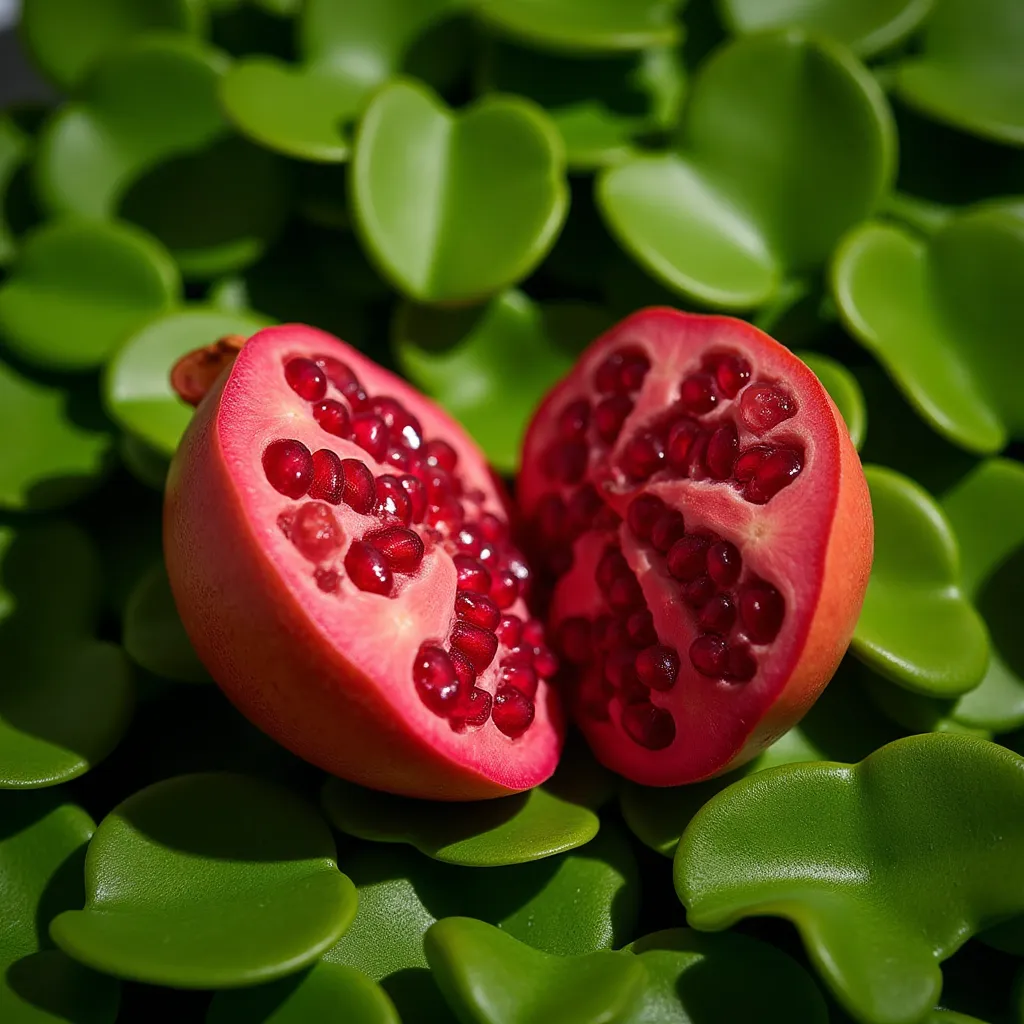 A delicate, partially sliced pomegranate lies on field of vibrant green leaves with a radiant color tone of #04BF25, 

