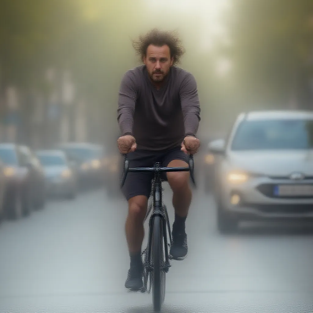 An adult man energetically pedaling a sleek, modern bicycle down a bustling city street, his focused gaze fixed on the road ahead. The soft breeze ruffles his hair as he maneuvers between the cars, displaying a level of skill that comes only from regular practice, his muscles straining with the exertion. Even amidst the urban chaos, there are hints of freedom in his movement - a testament to his love for bike-riding.