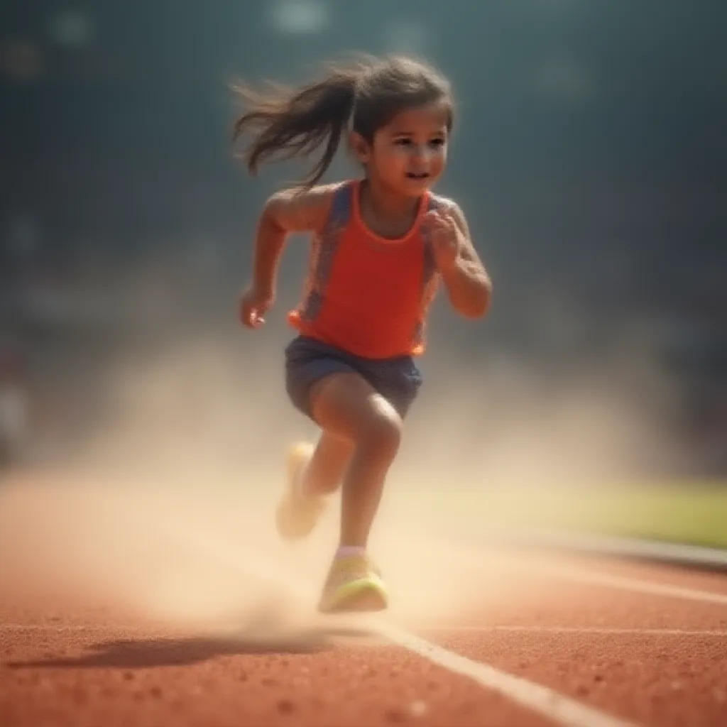 A young girl energetically running on a well-trodden athletic track, her ponytail swaying rhythmically with each stride she takes. The roar of the crowd around the arena fades into a subtle hum as she focuses on the finish line just meters away. Dressed in a vibrant running attire, and her feet clad in neon running shoes, she kicks up a flurry of dust as she pushes forward on the gravel track, her determined face reflecting the intense passion she holds for the sport.