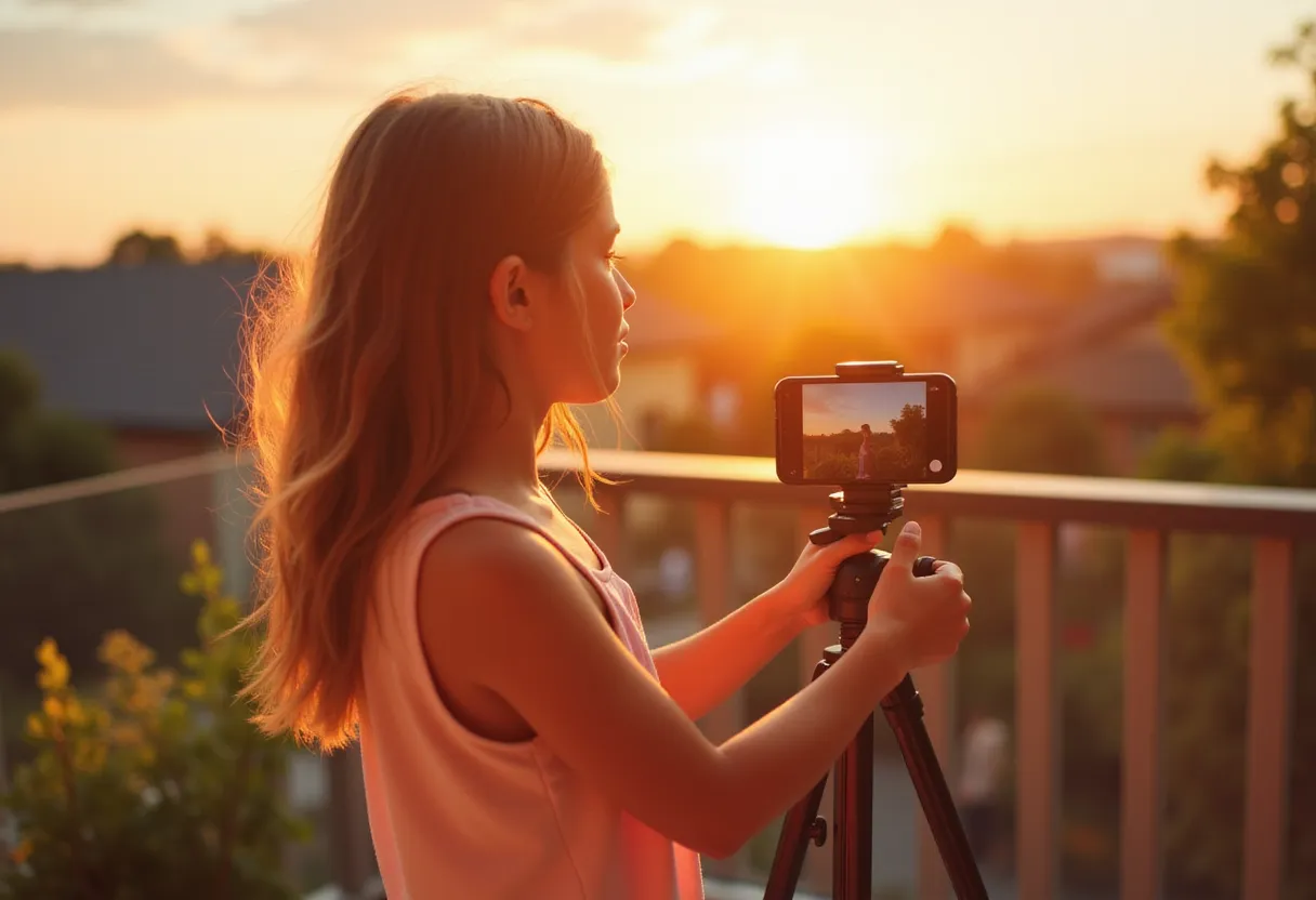A young, vibrant girl is on a mission to create an engaging Instagram reel on the sunlit terrace of her suburban home. She is enthusiastically planning to capture compelling content that accurately presents her creativity and spontaneity to her followers on the popular social media platform. With the sun casting natural, warm rays over the backdrop, she sets her phone on a tripod, ready to record her choreographed dance routine that she impeccably crafted to sync with the trending beats. Her lively spirit is buzzing with excitement as she endeavors to produce a captivating Instagram reel that entertains and resonates with her digital audience. in the style of TOK a trtcrd tarot style