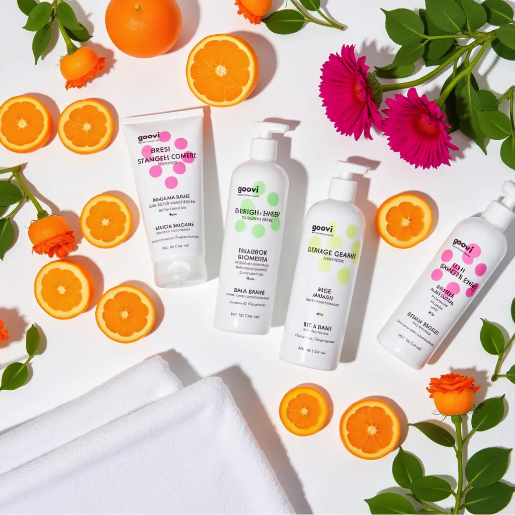 GOOVI bath and body care products in a flat-lay arrangement, complemented by citrus fruits, colorful flowers, and a soft towel, exuding freshness and vibrancy.
