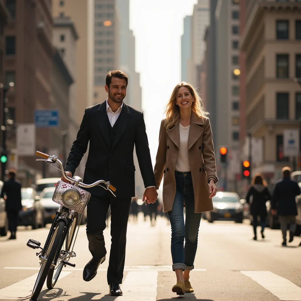In the bustling heart of New York City, a smartly-dressed man strides confidently down the center of the bustling avenue in broad daylight. He’s not alone; at his side, matching his pace with a content smile, is his wife. Her eyes glow with admiration and love for the city's unique charm and for the man beside her. Hanging leisurely over his shoulder, he holds a vintage bicycle, its polished sheen reflecting the city’s infectious energy. They meander with the unhurried poise of those in love, unfazed by the cacophony of city life they're in. The cityscape serves as a stunning backdrop to this picturesque scene—their little tale of urban romance unfolding on the streets of this unforgettable metropolis. in the style of TOK a trtcrd tarot style