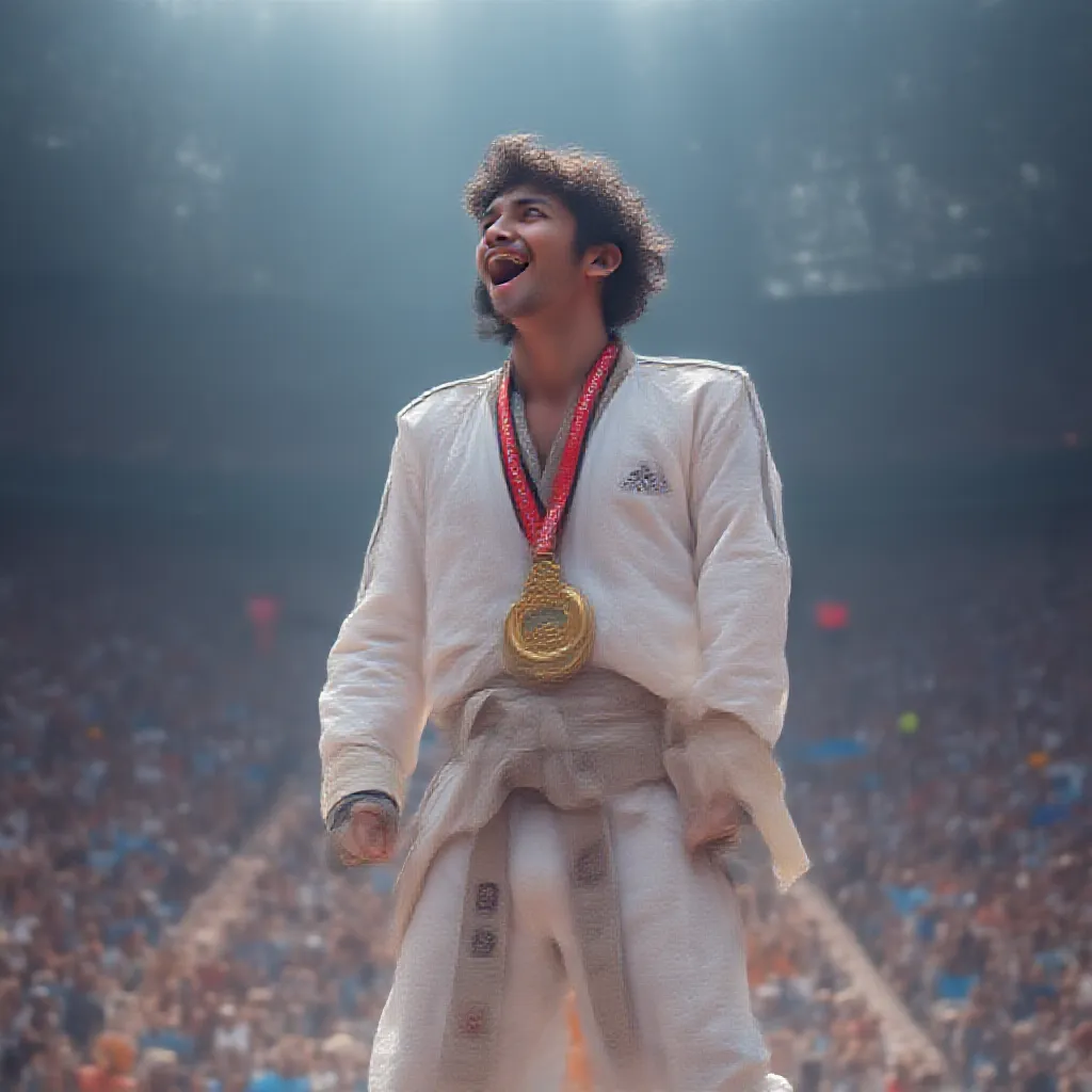 In the captivating year of 2024, at the renowned Paris Olympics, a man, robust and agile, had worlwide attention as he was engrossed in the thrilling game of Taekwondo. The crowd was pulsating with energy, their cheering reverberating across the stark boundaries of the splendid stadium, echoing under the Parisian sky. The competitors displayed awe-inspiring techniques and movements, embodying the essence of this ancient martial art. 

This particular man was breathtaking in his performances; his kicks faster than lightning, his techniques intriguing and his focus unwavered, even under the tense atmosphere of the Olympics. Under intense scrutiny of spectators and jury, he gracefully fought his way through several challenging rounds of combat, outperforming numerous world-class competitors.

Impressively, his journey culminated in victory after a nail-biting final match that left the crowd gasping and clapping in unison. Remarkably, he was awarded the prestigious gold medal, signifying not only his superiority in Taekwondo but also his relentless persistence and dedication. His celebrations were heart-warming; he wore his medal with a joyous glow on his face, reflecting his pride and overwhelming happiness. Whole stadium was erupting in euphoric applause, celebrating this enormous victory, memorializing a spectacular moment in the history of the Paris Olympics, 2024.