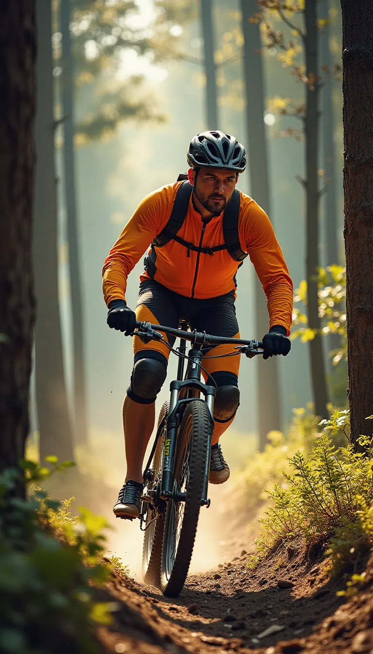 A middle-aged man dressed in a bright cycling suit is riding a mountain bike through a densely wooded trail. The striking sunlight filtering through the towering trees casting long, streaky shadows over him. He is wearing protective gear - a sturdy helmet, knee and elbow pads, and a pair of gloves. Through the winding path, he maneuvers skillfully, his intense focus mirrored in his determined eyes. The fantastically cool wind blusters against his face, making his cycling experience adventurous and exhilarating. His muscular legs pedal rhythmically, each revolution synonymous with the racing pace of his heart. in the style of TOK a trtcrd tarot style