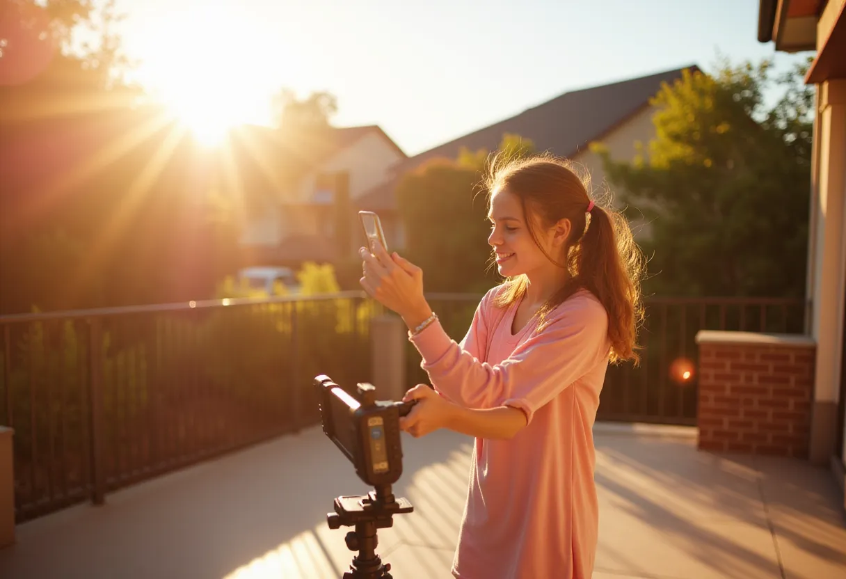 A young, vibrant girl is on a mission to create an engaging Instagram reel on the sunlit terrace of her suburban home. She is enthusiastically planning to capture compelling content that accurately presents her creativity and spontaneity to her followers on the popular social media platform. With the sun casting natural, warm rays over the backdrop, she sets her phone on a tripod, ready to record her choreographed dance routine that she impeccably crafted to sync with the trending beats. Her lively spirit is buzzing with excitement as she endeavors to produce a captivating Instagram reel that entertains and resonates with her digital audience. in the style of TOK a trtcrd tarot style