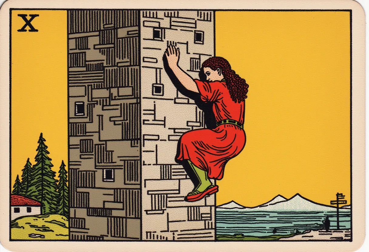 girl climbing an building in the style of TOK a trtcrd tarot style