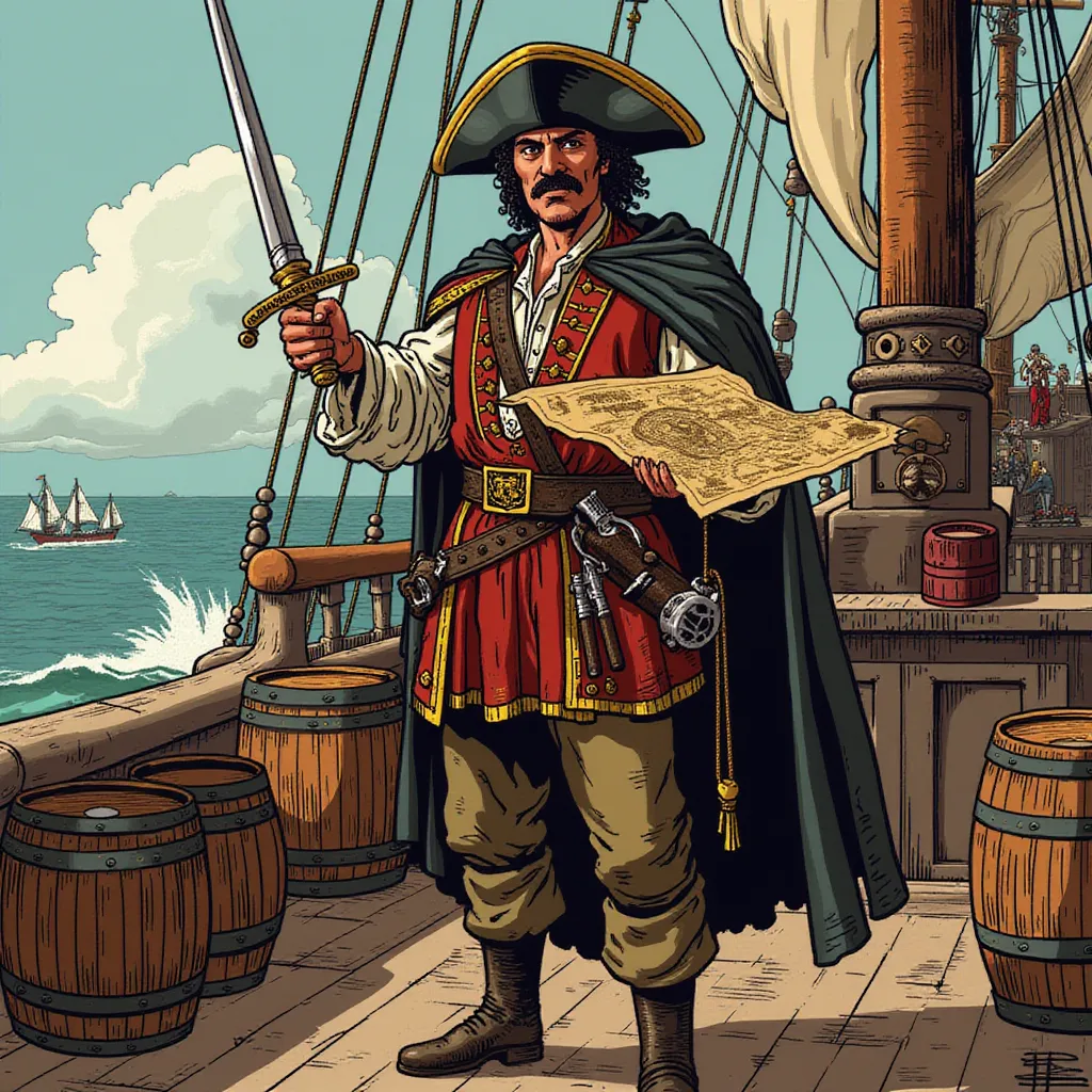 A fiercely determined pirate quartermaster, cloaked in the long shadow of the towering mast, stands solemnly on the weathered wooden deck of a mighty and well-managed 18th-century galleon. Assertively pointing towards an intricately illustrated treasure map with his sunburnt, calloused hand, while in the other, he firmly brandishes an impeccably polished steel sword that glints menacingly under the tropical sun. His outfit is a charismatic blend of function and intimidation, featuring a worn, mahogany leather vest heavily laced with gold, a sturdy and intricately crafted belt housing a pair of vintage wheellock pistols, and a pair of weathered yet unbowed boots, every element narrating a story of countless skirmishes and endless sea voyages.

His facial expression is unyielding and calculating, eyes narrowed evidently demonstrating a wit as sharp as his sword and leadership qualities that have been honed by countless encounters with the unpredictable sea and ruthless adversaries. His chevron mustache frames a stern mouth, whispering tales of the numerous battles he's fought and the countless challenges he's overcome.

As the quintessential seafaring backdrop, wooden barrels filled with crucial sea voyage supplies like hardtack, rum, and gunpowder are neatly stacked behind him. Scruffy and rugged crewmen, their faces weathered from the harsh kisses of seawater and sun, busily scuttle about their duties, their actions a harmonious dance of purposeful chaos. The scene is filled with the grating sound of ropes against pulleys and the rhythmic lapping of waves against the hull, all painting a vivid and vibrant picture of seafaring life under the able guidance of the underappreciated yet crucial role of the pirate quartermaster. in the style of TOK a trtcrd tarot style