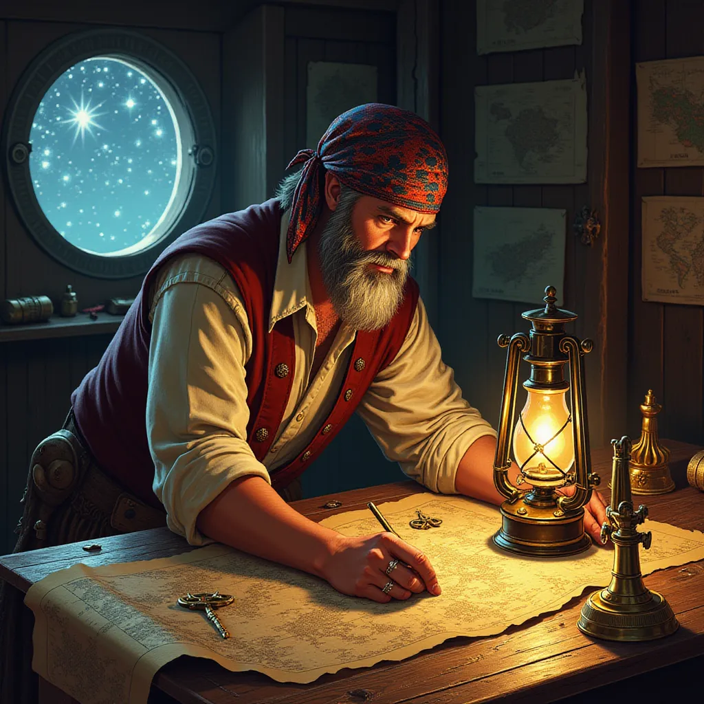 In the more detailed scene, a highly experienced pirate navigator with a seasoned disposition finds himself engrossed in strategic planning amidst his private quarters of the ship. Illuminated by the soft, warm, flickering glow emanating from an ancient, oil-burning lantern, he hunches over a large, well-worn wooden table that dominates the chamber. 

The table is draped with numerous faded maps, each a testament to the countless marauders conducted by our protagonist. Amid the scattered cartographic chaos, there are ornate brass compasses and sextants. One can almost perceive the whispers of previous escapades echoing from these indispensable tools.

The navigator, his eyes gleaming with resolution, is clad in a loose-fitting, worn-out linen shirt. Its sleeves are casually rolled up, baring sinewy, tanned forearms which exhibit the resilience invoked by years at the wind-tossed sea. A colorful bandana, a montage of the many places and cultures he's encountered, is wrapped casually yet promptly around his weathered, salt-encrusted hair.

Balanced precariously at the corner of the table, a reliable, polished brass telescope rests it has been his trusted guide in uncharted areas and perilous voyages. Behind the navigator, a star-lit night casts a mesmerizing view through a round, ruggedly clean porthole, its light bathing the otherwise dim cabin in an ethereal glow. This image, however, is only captured from the waist up, capturing the navigator's intense concentration, the various maritime paraphernalia, and the enchanting nightscape outside. in the style of TOK a trtcrd tarot style