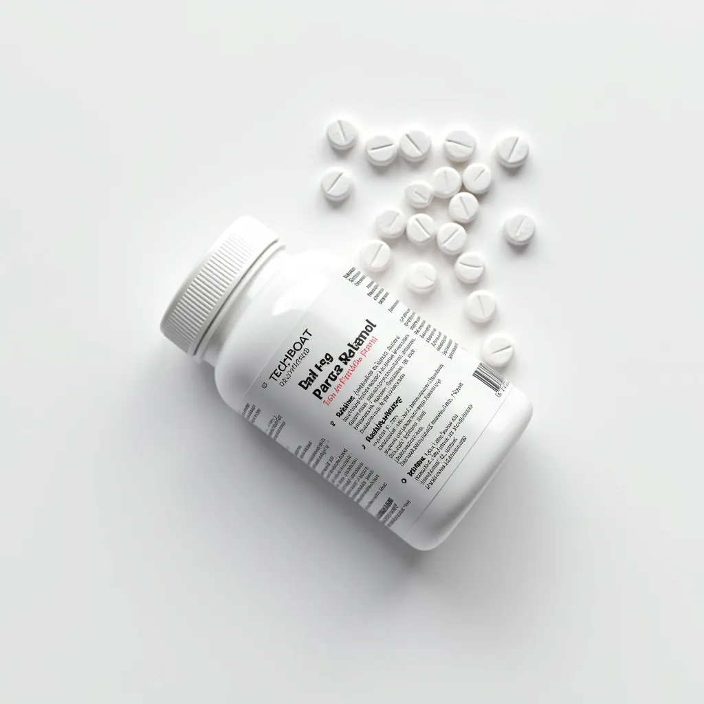A sleek medical supplement bottle for paracetamol on a white background, featuring the text logo 'TECHBOAT' at the top in a clean font. The bottle is lying flat with its label facing upward, showcasing the detailed information: 'Paracetamol 550mg,' 'Pain Reliever and Fever Reducer,' dosage instructions, warnings, storage instructions, and a barcode. The cap is securely closed, and a few pills are placed neatly around the bottle, creating a clean and organized scene. The minimalistic design with soft, diffused lighting emphasizes professionalism and premium quality.