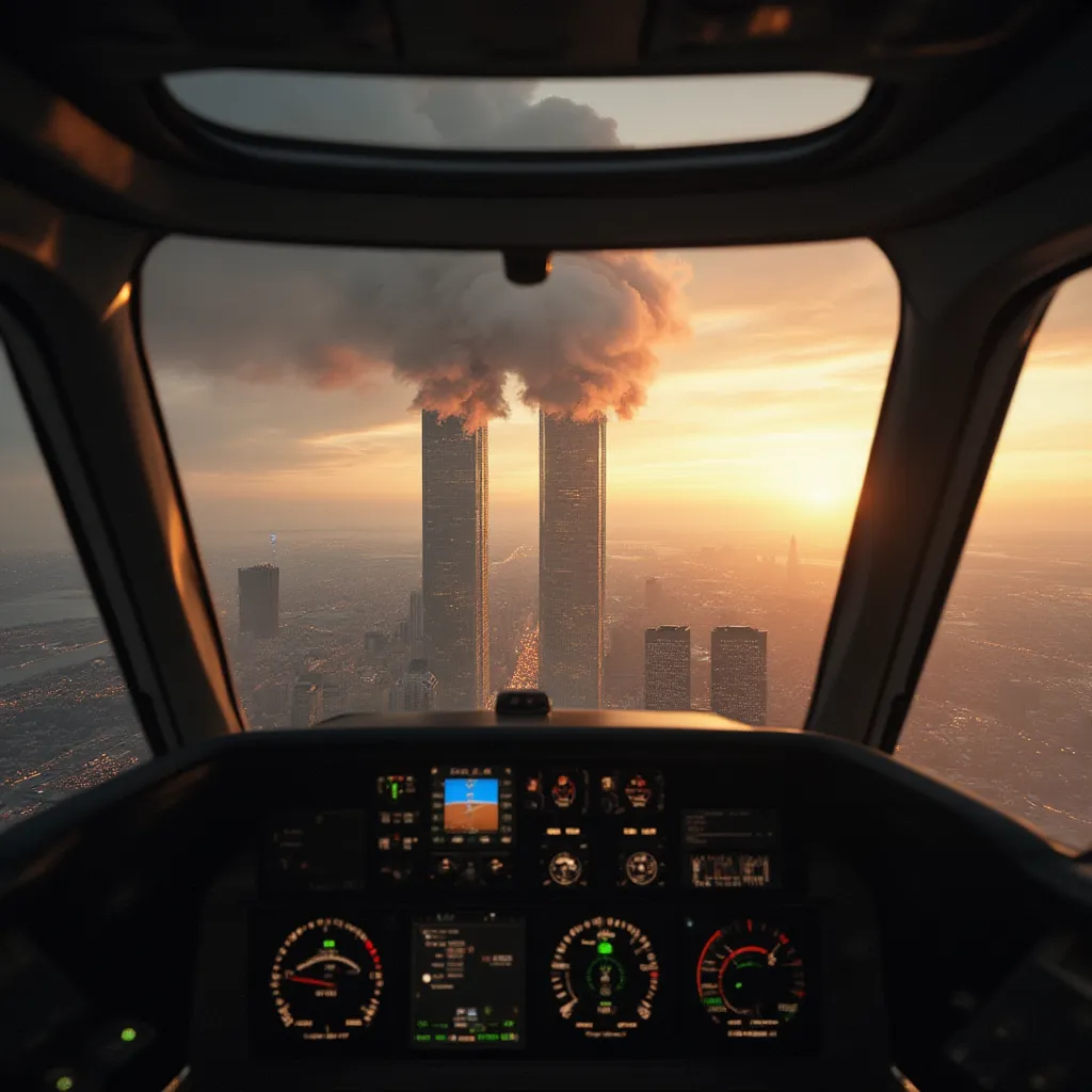 I'm seeking an incredibly compelling, meticulously detailed visualization situated within an aircraft, specifically embodying the harrowing perspective of a passenger caught in the midst of a hijacking predicament eerily reminiscent of the grievous tragedy of September 11, 2001. The scenario I'm envisioning unfolds within the tight, claustrophobic surroundings of an airplane's cockpit, where I'm engaged in a desperate struggle against the hijackers.

As the dire situation grows in its intensity, the airplane finds itself ominously nearing the iconic Twin Towers. These soaring structures were once proud testament to New York City's and the world's prosperity and might, now threatened by the looming disaster. The visualization should afford an adrenaline-rushing spectacle of these architectural marvels as seen through the reinforced windows of the cockpit. The towers appear paradoxically serene yet terrifyingly near as the doomed aircraft hurtles towards them with alarming speed and unerring precision.

This gripping, nerve-wracking narrative needs to convey an overpowering sense of dread and impending doom. It needs to paint a vivid realization of the valiant struggle taking place within the metallic confines of the cockpit, while overshadowing this scene with the fatalistic image of the World Trade Centre towers, standing tall and glistening in the early morning sun, blissfully unaware of the catastrophic event about to be thrust upon them.

Envision with eye-opening clarity the terrified expressions of the people within the Twin Towers, their lives about to change forever, while juxtaposing this with the unimaginable chaos inside the cockpit. Fabricate a portrait of destruction, where the lifeless bodies of the two pilots lay unceremoniously sprawled, and the hijackers, armed with their fearsome AK47s, stand in dominant aggression over the scene of chaos. This devastating scene should culminate in a horrifying realization that the plane is heading unabated towards a fatal collision.