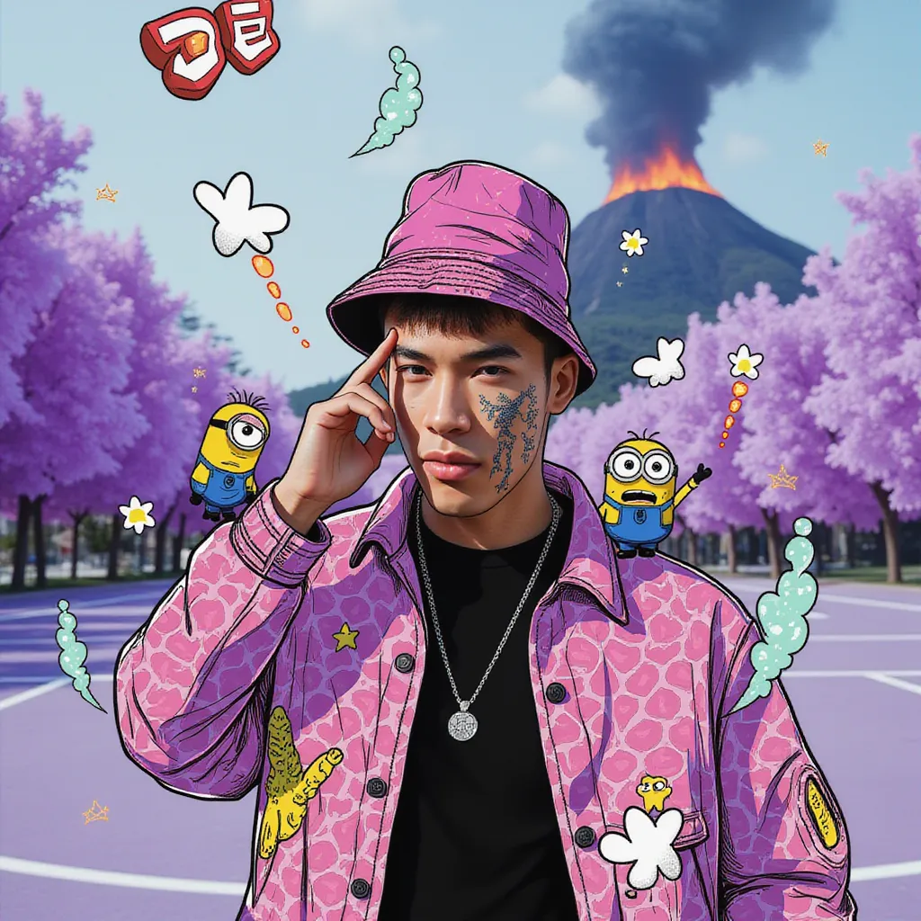 In the style of TOK, a photo editorial dramatic action pose of a person piercing eyes, tattoos on face, with creative bucket hat, standing in Tokyo with large marble structures and white purple trees in a Basketball court, with a vibrant illustrated street wear puffy vintage jacket, black shirt, volcano in the background, surrounded by illustrations of smoke, flames, and flowers, fog, exclamation marks, lines shooting outwards, minion characters, butterflies