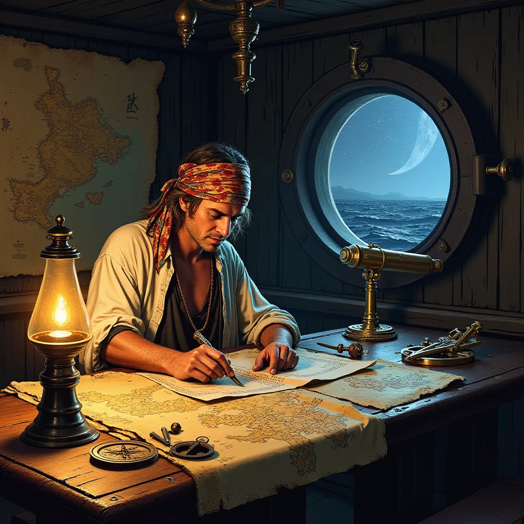 In the more detailed scene, a highly experienced pirate navigator with a seasoned disposition finds himself engrossed in strategic planning amidst his private quarters of the ship. Illuminated by the soft, warm, flickering glow emanating from an ancient, oil-burning lantern, he hunches over a large, well-worn wooden table that dominates the chamber. 

The table is draped with numerous faded maps, each a testament to the countless marauders conducted by our protagonist. Amid the scattered cartographic chaos, there are ornate brass compasses and sextants. One can almost perceive the whispers of previous escapades echoing from these indispensable tools.

The navigator, his eyes gleaming with resolution, is clad in a loose-fitting, worn-out linen shirt. Its sleeves are casually rolled up, baring sinewy, tanned forearms which exhibit the resilience invoked by years at the wind-tossed sea. A colorful bandana, a montage of the many places and cultures he's encountered, is wrapped casually yet promptly around his weathered, salt-encrusted hair.

Balanced precariously at the corner of the table, a reliable, polished brass telescope rests it has been his trusted guide in uncharted areas and perilous voyages. Behind the navigator, a star-lit night casts a mesmerizing view through a round, ruggedly clean porthole, its light bathing the otherwise dim cabin in an ethereal glow. This image, however, is only captured from the waist up, capturing the navigator's intense concentration, the various maritime paraphernalia, and the enchanting nightscape outside. in the style of TOK a trtcrd tarot style