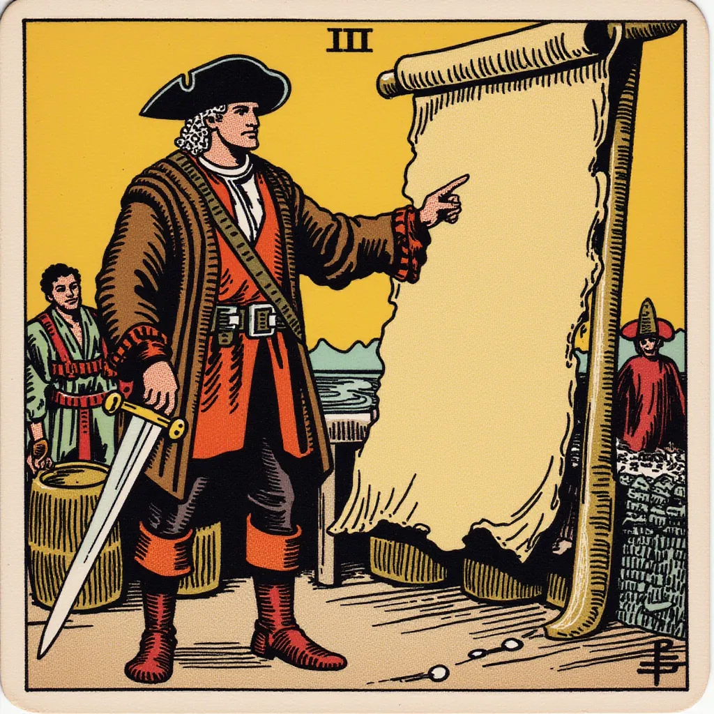 A determined pirate quartermaster standing on the deck, pointing towards a treasure map with one hand while holding a sword in the other. Dressed in a leather vest, belt with pistols, and sturdy boots. The expression is assertive and calculating, showing leadership qualities. The background features barrels of supplies and crew members working only weist-up image in the style of TOK a trtcrd tarot style
