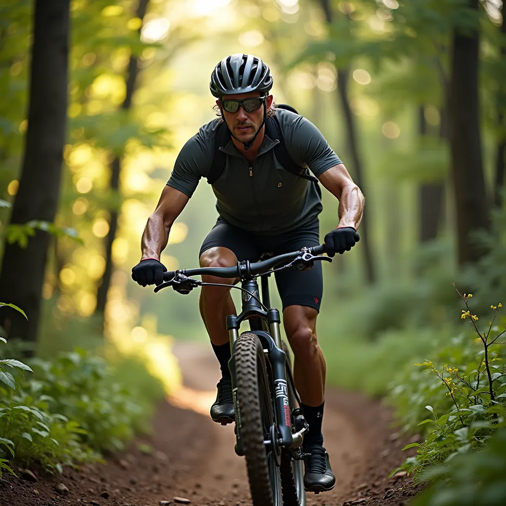 A middle-aged man, with salt and pepper hair, decked out in cycling gear, expertly maneuvering a sleek, high-performance mountain bike along a narrow, winding dirt trail in the heart of a densely forested area. The cool, crisp morning air filled his lungs as the sunlight filtered through the leafy canopy above, creating enchanting patterns on the path ahead, making each turn a delight. His determined expression revealed the inner strength pushing him forward as his muscles strained, powering through the challenging terrain. His adventurous spirit seems apparent in the way his eyes sparkled, savoring the thrill with each pedal of his journey.