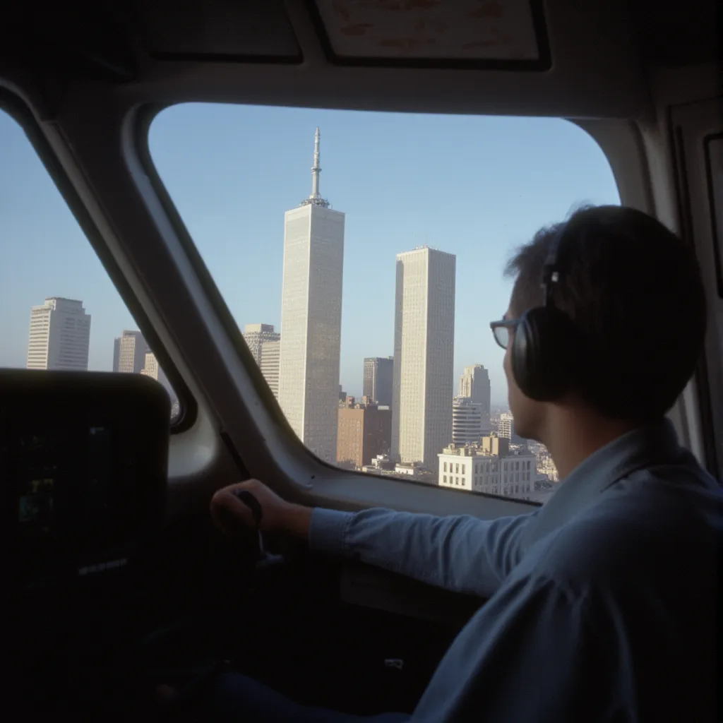 I would like to request an immersive and detailed visualization inside an aircraft, embodying the perspective of a passenger during a hijacking scenario not far removed from the tragic incident of September 11, 2001. The setting of this scene takes place in the cramped confines of the airplane’s cockpit, where a hand-to-hand struggle is ensuing between the hijackers and myself. 

As the situation escalates, the plane is perilously close to the iconic Twin Towers, the once majestic symbols of New York's affluence. The visualization should offer a nerve-racking view of the towers as seen from the cockpit’s windows, appearing alarmingly close as the aircraft barrels towards them at high velocity. 

This highly intense and distressing scenario should encapsulate the impending sense of doom, the gravity of the heroic struggle and the fatalistic vision of the World Trade Centre glistening in the sun, waiting innocously as the hijacked plane brings an unforeseen disaster to its doorstep.

from near to twin tower like i can see the peopls who are inside the twin tower and they are scareed while incockpit eveything is smasshed like 2 pilot are killed and hijacker are stoodup with ak47 and i am seeing that we are going to crash