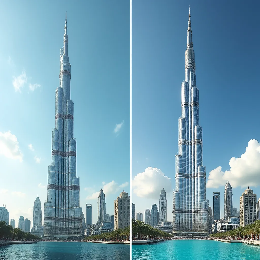 Utilize your AI imaging capabilities to generate two distinct images of the Burj Khalifa. These should be two separate and unique illustrations, each one showcasing different perspectives or viewpoints of the iconic skyscraper. 

It's important to clarify that the task does not involve creating an image with two Burj Khalifas in a single frame. Rather, I'm asking for two distinct, individual images where each one focuses solely on Burj Khalifa. Both should highlight the architectural brilliance and grandeur of this magnificent structure.