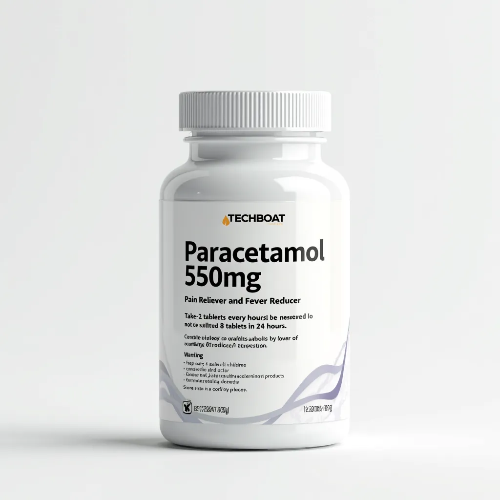 A sleek medical supplement bottle for paracetamol on a white background. The bottle features the text logo 'TECHBOAT' at the top in a clean font. The label includes clear and detailed information: 'Paracetamol 550mg' prominently displayed, followed by 'Pain Reliever and Fever Reducer.' Dosage instructions such as 'Take 1-2 tablets every 6 hours as needed. Do not exceed 8 tablets in 24 hours.' Warnings like 'Keep out of reach of children,' 'Consult a doctor if symptoms persist,' and 'Do not use with other acetaminophen products.' Additional details include storage instructions, 'Store in a cool, dry place,' and a barcode at the bottom. The design is minimalistic with a white and subtle accent color scheme. Soft lighting highlights the bottle, giving it a professional and premium look and label text should be clear