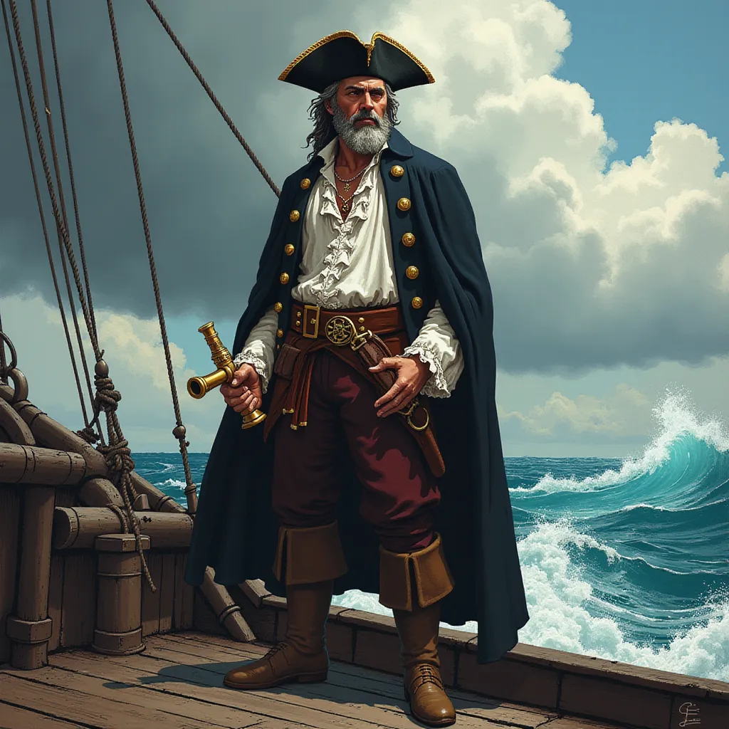 Imagine a scene with an exceptionally confident pirate captain, standing tall on the well-worn and weathered deck of an old, timber vessel. We're viewing him from the waist up, capturing his imposing stature and unyielding stance that stands as a testament to his years upon the topsy-turvy sea. Clad in ruffled white shirt, tight-fitting breeches, and a traditional tricorn hat, a symbol of command, sitting skew upon his head, the captain embodies an intimidating yet charismatic presence.

One hand is gripping a well-crafted spyglass, an instrument of navigation and foresight, the surface reflecting the stray sunlight. Weather-beaten, his face bears years of seafaring, underlined by a rugged beard, a mingling of salt and pepper giving him an air of wisdom. A long, dark, and majestic overcoat drapes over him, the intricate details of its gold trim and intricately embroidered buttons vividly apparent, fluttering ever so slightly under the weight of the salty sea breeze rustling through it.

In contrast, the background paints a picture of tempestuous weather. The azure of the mighty ocean waves, interspersed with foamy whitecaps, enhance the raw atmosphere of a brewing storm on the horizon, hinting at the potential perils and adventures that lie ahead. Dramatic lighting arranged with calculated precision catches the captain's steeled gaze, emphasizing his unflinching resolve and determination, embodying undeniable courage.

All these elements coalesce to form a distinct flux style artwork, creating a masterpiece that captures the spirit of the time and truly encapsulates the essence of this charismatic pirate captain. in the style of TOK a trtcrd tarot style