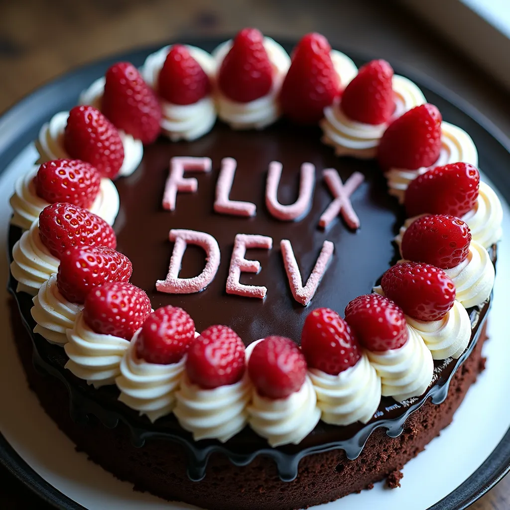 black forest gateau cake spelling out the words \"FLUX DEV\", tasty, food photography, dynamic shot
