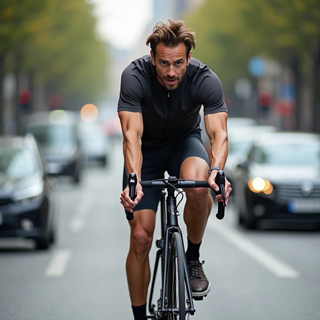 An adult man energetically pedaling a sleek, modern bicycle down a bustling city street, his focused gaze fixed on the road ahead. The soft breeze ruffles his hair as he maneuvers between the cars, displaying a level of skill that comes only from regular practice, his muscles straining with the exertion. Even amidst the urban chaos, there are hints of freedom in his movement - a testament to his love for bike-riding.