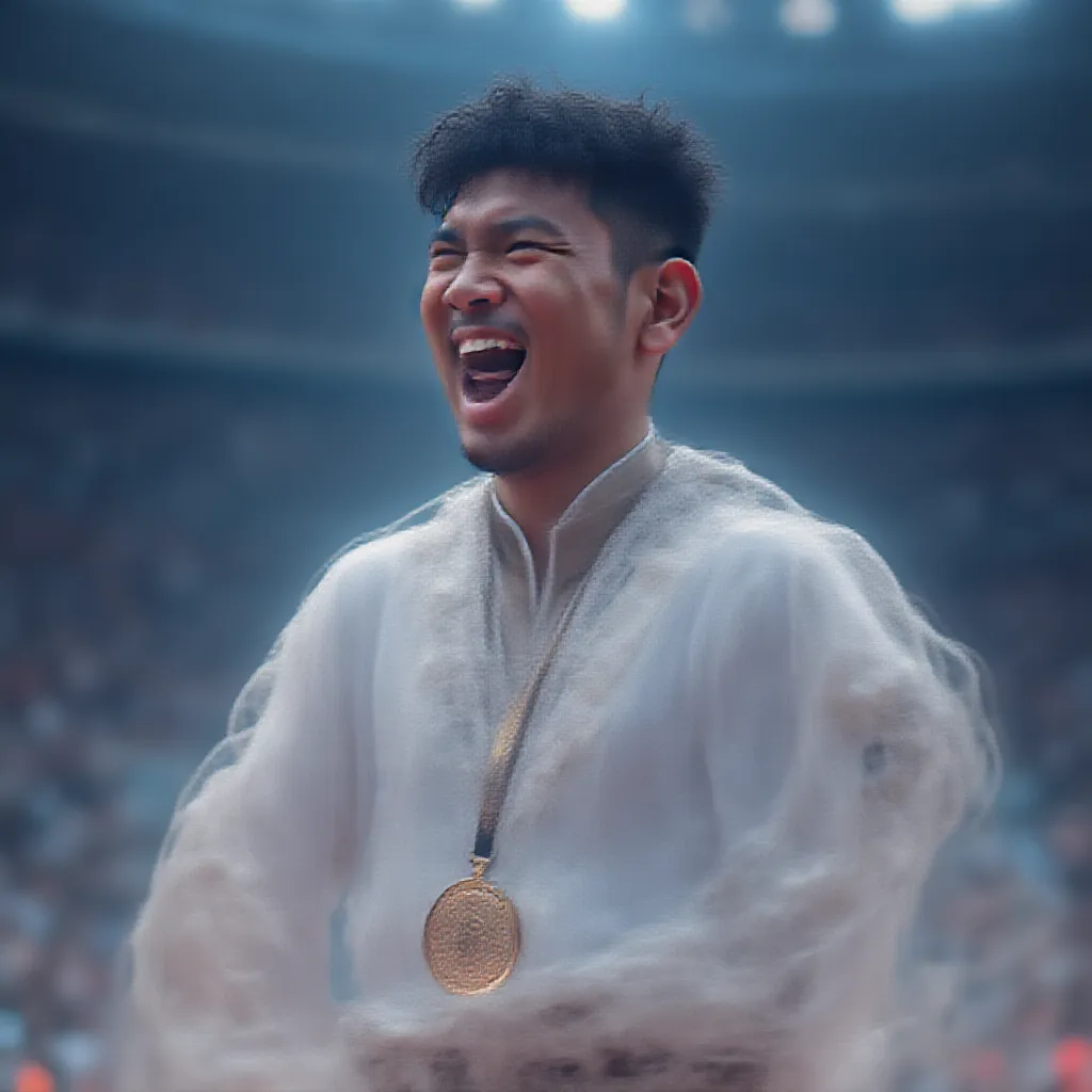 In the captivating year of 2024, at the renowned Paris Olympics, a man, robust and agile, had worlwide attention as he was engrossed in the thrilling game of Taekwondo. The crowd was pulsating with energy, their cheering reverberating across the stark boundaries of the splendid stadium, echoing under the Parisian sky. The competitors displayed awe-inspiring techniques and movements, embodying the essence of this ancient martial art. 

This particular man was breathtaking in his performances; his kicks faster than lightning, his techniques intriguing and his focus unwavered, even under the tense atmosphere of the Olympics. Under intense scrutiny of spectators and jury, he gracefully fought his way through several challenging rounds of combat, outperforming numerous world-class competitors.

Impressively, his journey culminated in victory after a nail-biting final match that left the crowd gasping and clapping in unison. Remarkably, he was awarded the prestigious gold medal, signifying not only his superiority in Taekwondo but also his relentless persistence and dedication. His celebrations were heart-warming; he wore his medal with a joyous glow on his face, reflecting his pride and overwhelming happiness. Whole stadium was erupting in euphoric applause, celebrating this enormous victory, memorializing a spectacular moment in the history of the Paris Olympics, 2024.