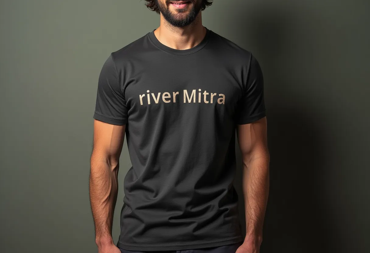 We are in the process of developing a visually striking and customer-friendly clothing website, and we are keen on prominently featuring an engaging and captivating image. This image would ideally depict a satisfied customer donning our impeccably-designed and crafted t-shirt. The said t-shirt is not merely a piece of clothing but a testament to our intricate design process - it flows seamlessly from the realm of creative concepts to the tactile reality of creation. Underlining our commitment to only employing top-tier quality materials, the tangible product is designed to universally appeal to all lovers of fashion and quality.

As part of our design specialty, what sets this t-shirt apart is the distinctive text print that reads 'riverMitra'. Etched into the fabric of the t-shirt, this aspect of the design solidifies the garment's unique aesthetic. In this interactive visual journey, potential customers encapsulate our brand experience, right down to the very threads of our unique designs. Our aspiration is to translate this customer's satisfied journey into an enticing photograph, ready to draw in more style-enthusiasts into the riverMitra experience.