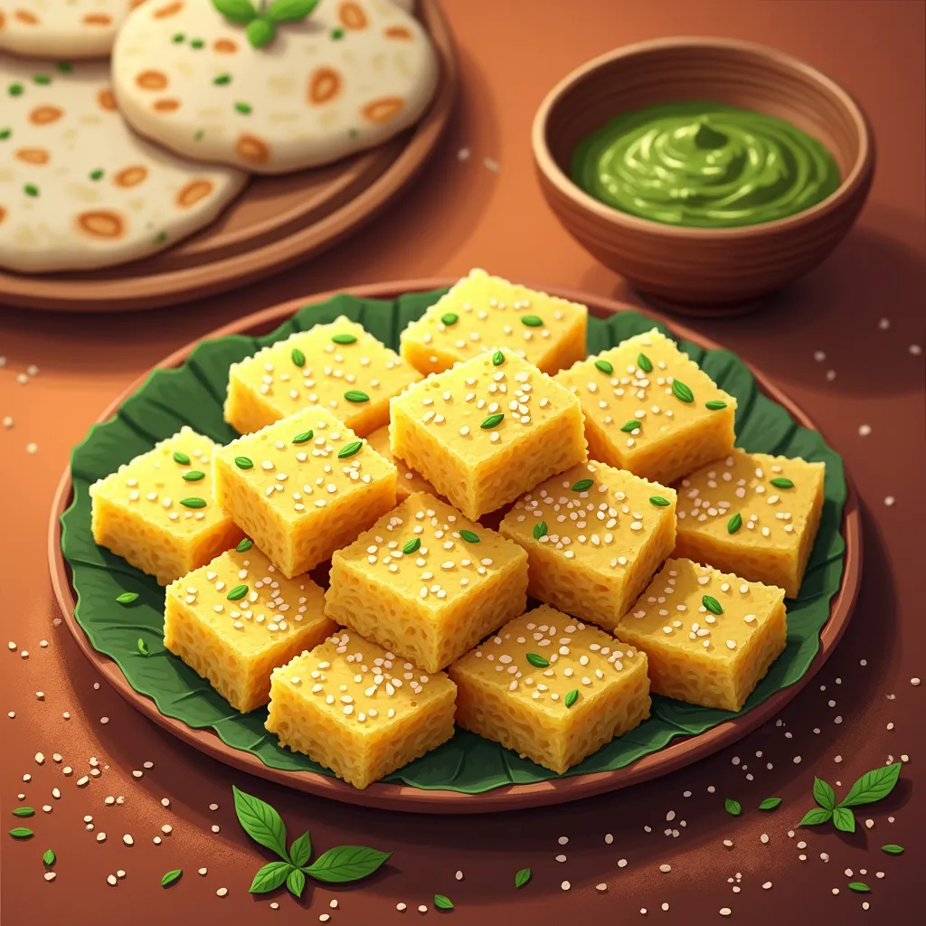 Imagine yourself in the vibrant land of Gujarat, a region renowned for its rich culture and culinary diversity in India. Now, design a vivid, visually-appealing illustration of Gujarat's most cherished and traditional cuisine. This gastronomic delight is called Dhokla- a savory, mildly spicy, and fluffy delicacy made of fermented rice and chickpea flour, often garnished with sesame seeds and served with tangy green chutney. The image should reflect not only the physical attributes of Dhokla like its pale yellow color, geometric cuboidal shape, and soft texture but also its irresistible allure that epitomizes the essence of Gujarati cuisine. To bring the image to life, incorporate elements of Gujarati culture such as a traditional Gujarati platter, local kitchen setup, or even a festive backdrop.