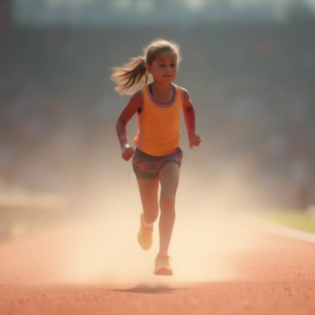 A young girl energetically running on a well-trodden athletic track, her ponytail swaying rhythmically with each stride she takes. The roar of the crowd around the arena fades into a subtle hum as she focuses on the finish line just meters away. Dressed in a vibrant running attire, and her feet clad in neon running shoes, she kicks up a flurry of dust as she pushes forward on the gravel track, her determined face reflecting the intense passion she holds for the sport.