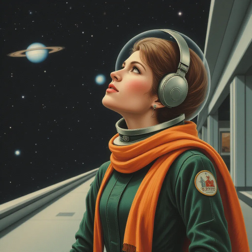 woman in a space helmet gazing upwards, side profile, upper body, wearing a green jumpsuit and a bright orange scarf, realistic, detailed facial expression, background features distant, futuristic spacecraft and planets against a starry space backdrop, interior of a space station visible on the right side, retrofuturism