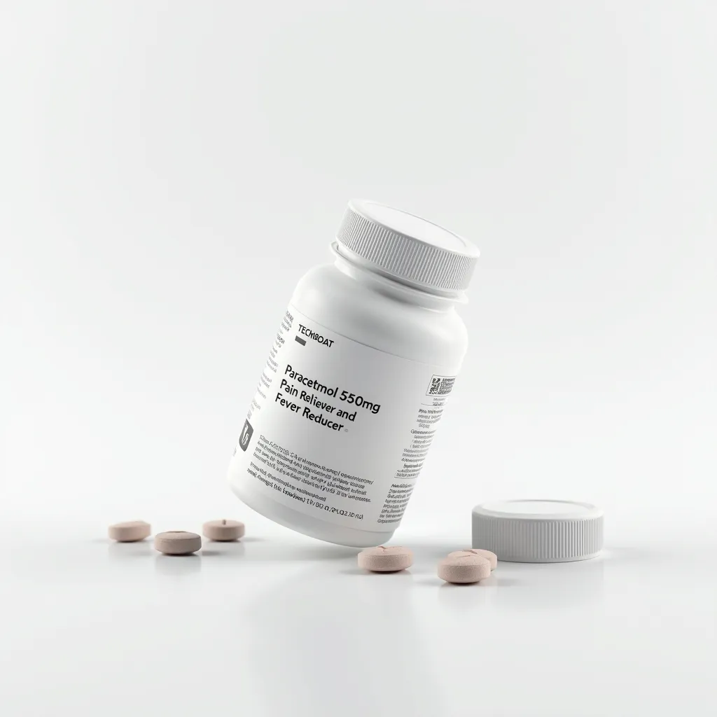 A sleek medical supplement bottle for paracetamol on a white background, featuring the text logo 'TECHBOAT' at the top in a clean font. The bottle stands tilted at an angle, with the cap partially unscrewed and a few pills scattered nearby. The label remains clearly visible, showcasing detailed information: 'Paracetamol 550mg,' 'Pain Reliever and Fever Reducer,' dosage instructions, warnings, storage information, and a barcode. The minimalistic design uses a white and subtle accent color scheme, with soft lighting emphasizing the premium and professional look.