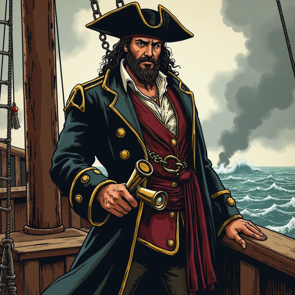 A confident pirate captain, waist-up, standing on the deck of an old wooden ship. Wearing a traditional tricorn hat and holding a spyglass in one hand, the captain has a stern yet charismatic expression. A rugged beard and a long coat with intricate details fluttering slightly in the sea breeze. The background hints at ocean waves and a brewing storm on the horizon, with dramatic lighting highlighting the captain's determined gaze. Flux style. in the style of TOK a trtcrd tarot style