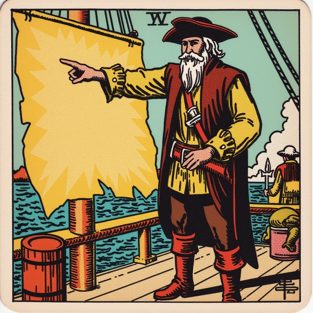 A determined pirate quartermaster standing on the deck, pointing towards a treasure map with one hand while holding a sword in the other. Dressed in a leather vest, belt with pistols, and sturdy boots. The expression is assertive and calculating, showing leadership qualities. The background features barrels of supplies and crew members working a weist-up image in the style of TOK a trtcrd tarot style