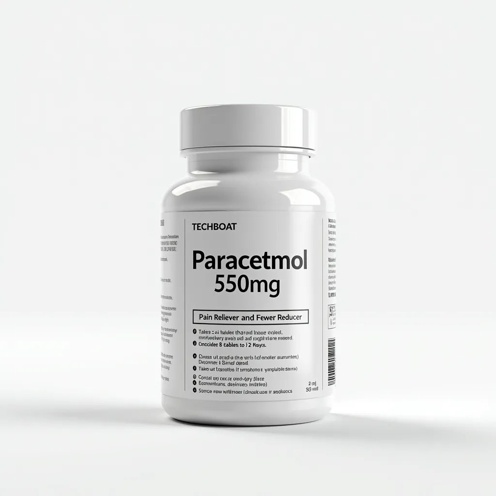 A sleek medical supplement bottle for paracetamol on a white background. The bottle features the text logo 'TECHBOAT' at the top in a clean font. The label includes clear and detailed information: 'Paracetamol 550mg' prominently displayed, followed by 'Pain Reliever and Fever Reducer.' Dosage instructions such as 'Take 1-2 tablets every 6 hours as needed. Do not exceed 8 tablets in 24 hours.' Warnings like 'Keep out of reach of children,' 'Consult a doctor if symptoms persist,' and 'Do not use with other acetaminophen products.' Additional details include storage instructions, 'Store in a cool, dry place,' and a barcode at the bottom. The design is minimalistic with a white and subtle accent color scheme. Soft lighting highlights the bottle, giving it a professional and premium look and label text should be clear