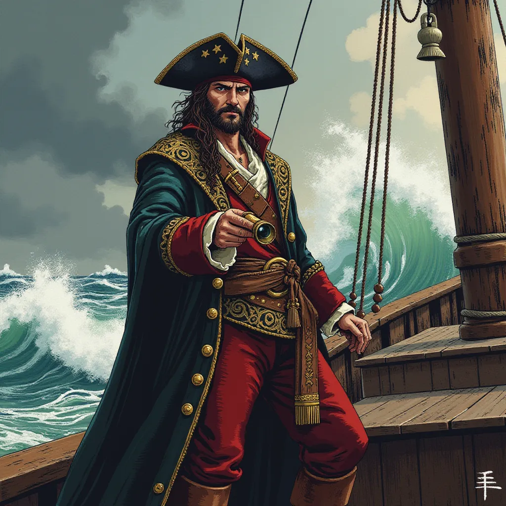 A confident and daring pirate captain, standing resolute on the weathered deck of a grand, centuries-old wooden vessel, is donned in the traditional attire of his high status. His dark, worn tricorn hat sits at a jaunty angle on his head, a symbol of his authority and adventurous spirit. Firmly gripped in one weather-beaten hand, he holds an ornate yet functional spyglass, polished to a gleaming shine, ever ready to scout distant threats or promising possibilities. 

His strikingly stern yet magnetic expression is a captivating mixture of experienced wisdom and tenacity. A rugged beard that hints at many high-seas adventures adds to his charismatic aura, the salt-and-pepper growth standing out against his tanned, weathered face. Cascading over his broad shoulders and billowing in the faint yet whip-like sea breeze is a long, intricately-patterned coat; an elegant embodiment of his audacious lifestyle.

Enveloping this powerful figure is a vast expanse of swirling ocean waves, the frothy whitecaps portraying their own tales of the ruthless and untamed wild sea. In the horizon lays the ominous hint of a storm; menacing cloud formations broiling with potential fury, presenting an intriguing dichotomy of looming danger and exhilarating beauty. All these elements merge to create a tableau that is rendered in flux-style, fusing dynamic realism with impressionistic swirls, thus adding an almost surreal quality to the magnificent maritime scene. in the style of TOK a trtcrd tarot style