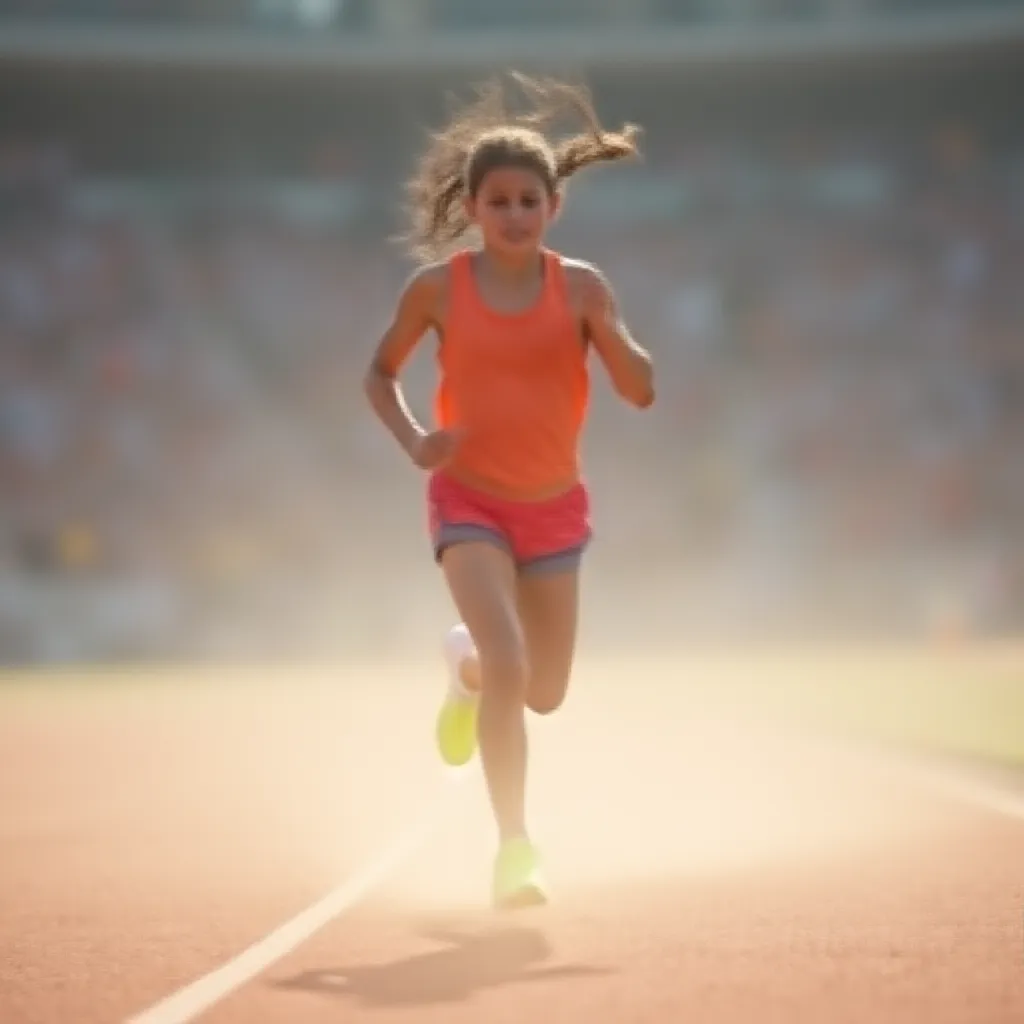 A young girl energetically running on a well-trodden athletic track, her ponytail swaying rhythmically with each stride she takes. The roar of the crowd around the arena fades into a subtle hum as she focuses on the finish line just meters away. Dressed in a vibrant running attire, and her feet clad in neon running shoes, she kicks up a flurry of dust as she pushes forward on the gravel track, her determined face reflecting the intense passion she holds for the sport.