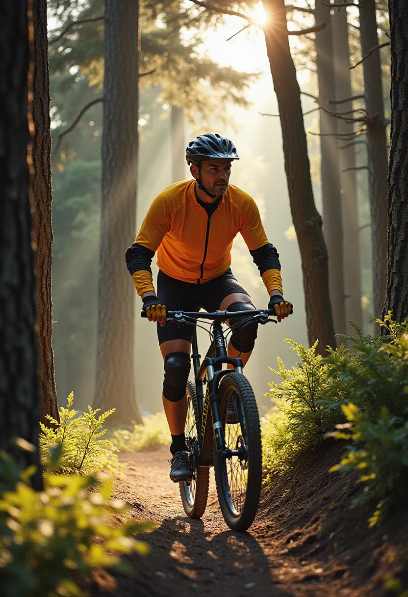 A middle-aged man dressed in a bright cycling suit is riding a mountain bike through a densely wooded trail. The striking sunlight filtering through the towering trees casting long, streaky shadows over him. He is wearing protective gear - a sturdy helmet, knee and elbow pads, and a pair of gloves. Through the winding path, he maneuvers skillfully, his intense focus mirrored in his determined eyes. The fantastically cool wind blusters against his face, making his cycling experience adventurous and exhilarating. His muscular legs pedal rhythmically, each revolution synonymous with the racing pace of his heart. in the style of TOK a trtcrd tarot style