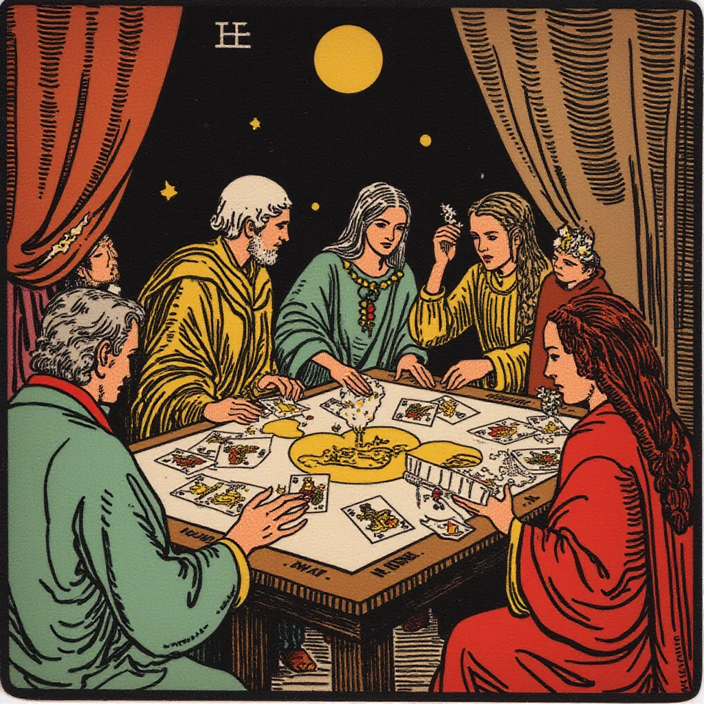 a group of people playing cards in the style of TOK a trtcrd tarot style