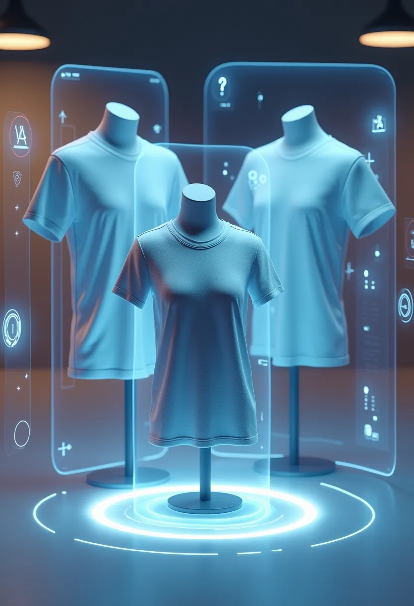 A futuristic AI-powered virtual try-on interface showing a 3D preview of customized t-shirts on mannequins or models. The design includes holographic effects, virtual controls, and a clean modern layout with soft lighting and gradient tones