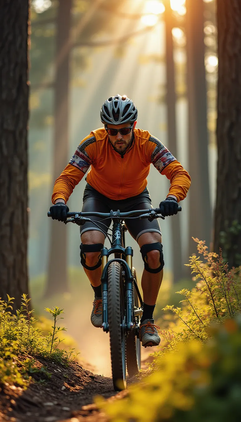 A middle-aged man dressed in a bright cycling suit is riding a mountain bike through a densely wooded trail. The striking sunlight filtering through the towering trees casting long, streaky shadows over him. He is wearing protective gear - a sturdy helmet, knee and elbow pads, and a pair of gloves. Through the winding path, he maneuvers skillfully, his intense focus mirrored in his determined eyes. The fantastically cool wind blusters against his face, making his cycling experience adventurous and exhilarating. His muscular legs pedal rhythmically, each revolution synonymous with the racing pace of his heart. in the style of TOK a trtcrd tarot style