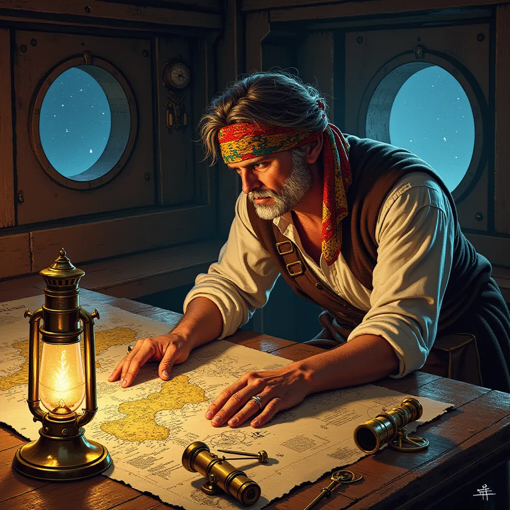 In the more detailed scene, a highly experienced pirate navigator with a seasoned disposition finds himself engrossed in strategic planning amidst his private quarters of the ship. Illuminated by the soft, warm, flickering glow emanating from an ancient, oil-burning lantern, he hunches over a large, well-worn wooden table that dominates the chamber. 

The table is draped with numerous faded maps, each a testament to the countless marauders conducted by our protagonist. Amid the scattered cartographic chaos, there are ornate brass compasses and sextants. One can almost perceive the whispers of previous escapades echoing from these indispensable tools.

The navigator, his eyes gleaming with resolution, is clad in a loose-fitting, worn-out linen shirt. Its sleeves are casually rolled up, baring sinewy, tanned forearms which exhibit the resilience invoked by years at the wind-tossed sea. A colorful bandana, a montage of the many places and cultures he's encountered, is wrapped casually yet promptly around his weathered, salt-encrusted hair.

Balanced precariously at the corner of the table, a reliable, polished brass telescope rests it has been his trusted guide in uncharted areas and perilous voyages. Behind the navigator, a star-lit night casts a mesmerizing view through a round, ruggedly clean porthole, its light bathing the otherwise dim cabin in an ethereal glow. This image, however, is only captured from the waist up, capturing the navigator's intense concentration, the various maritime paraphernalia, and the enchanting nightscape outside. in the style of TOK a trtcrd tarot style
