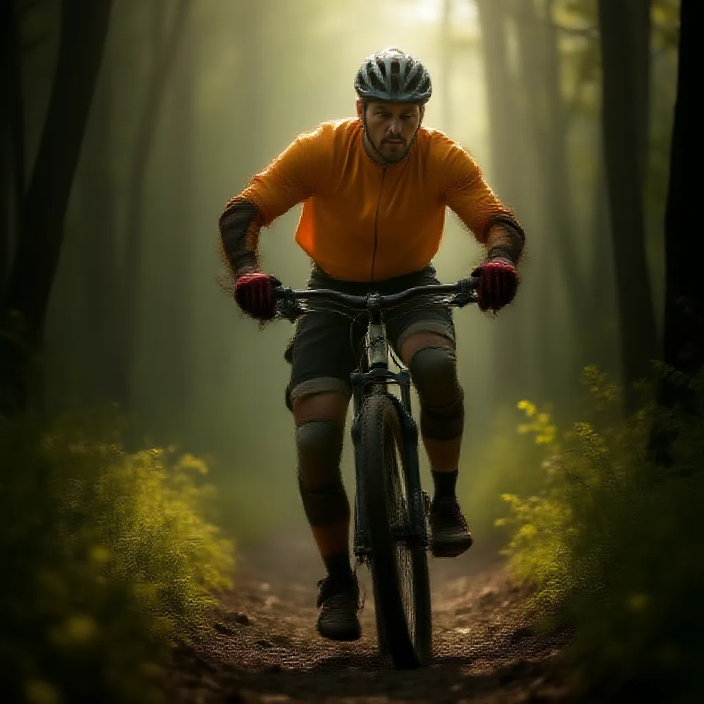 A middle-aged man dressed in a bright cycling suit is riding a mountain bike through a densely wooded trail. The striking sunlight filtering through the towering trees casting long, streaky shadows over him. He is wearing protective gear - a sturdy helmet, knee and elbow pads, and a pair of gloves. Through the winding path, he maneuvers skillfully, his intense focus mirrored in his determined eyes. The fantastically cool wind blusters against his face, making his cycling experience adventurous and exhilarating. His muscular legs pedal rhythmically, each revolution synonymous with the racing pace of his heart.