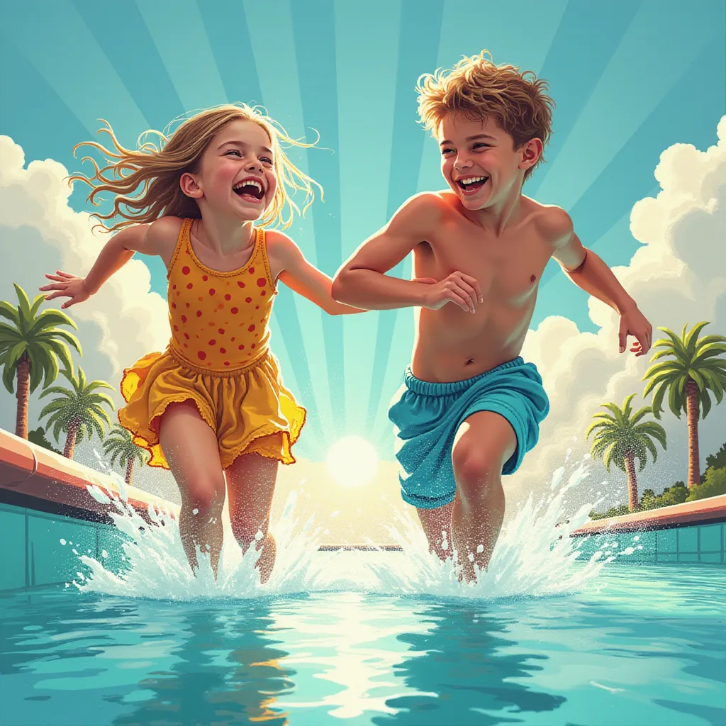 In the radiant brilliance of a sun-drenched day, a spirited young girl and an adventurous boy find themselves at the edge of a glistening swimming pool, laughter echoing around them. The pool's azure water glimmers as it calmly mirrors the clear sky above, reflecting the streaks of white clouds and the golden highlights of the sun. Footsteps interweave with the rhythmic chorus of splashing water, filling the air with delightful chaos and anticipation. Their enthusiastic faces are lit up with exhilarating excitement, their muscles tensed with the imminent triumph of release. Dressed in vibrant, water-appropriate attire, their bodies glisten with droplets of the previous dips they had in the pool. With the spirit of reckless youth fueling them, the pair are captured, mid-stride, sprints morphing into takeoffs as they prepare to dive headlong into the welcoming cool of the swimming pool. in the style of TOK a trtcrd tarot style