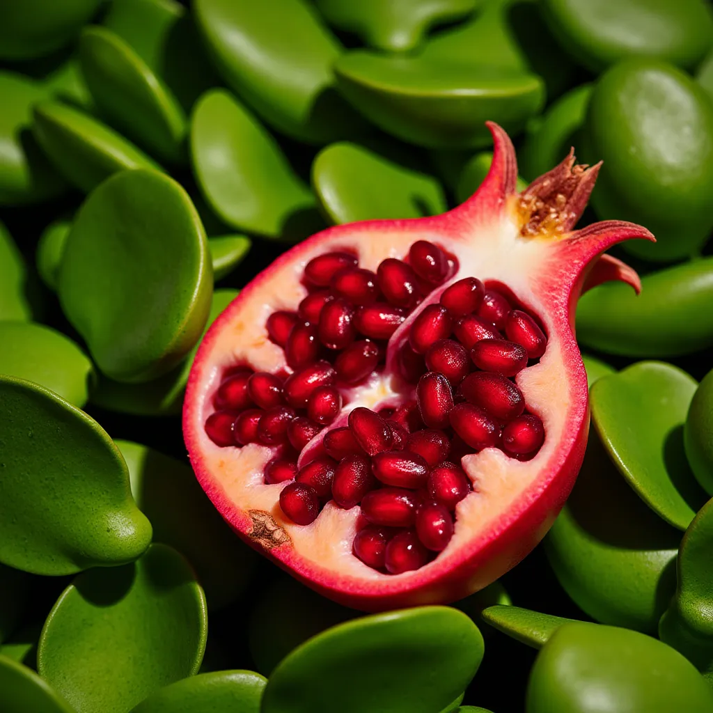 A luscious, partially sliced pomegranate with glistening ruby-red seeds, resting elegantly on a lush bed of vivid green leaves (#04BF25). The scene is bathed in soft, radiant light, highlighting the rich textures and juicy details of the fruit. High contrast, vibrant complementary colors, natural shadows, and a premium, fresh aesthetic – perfect for a luxury food advertisement.