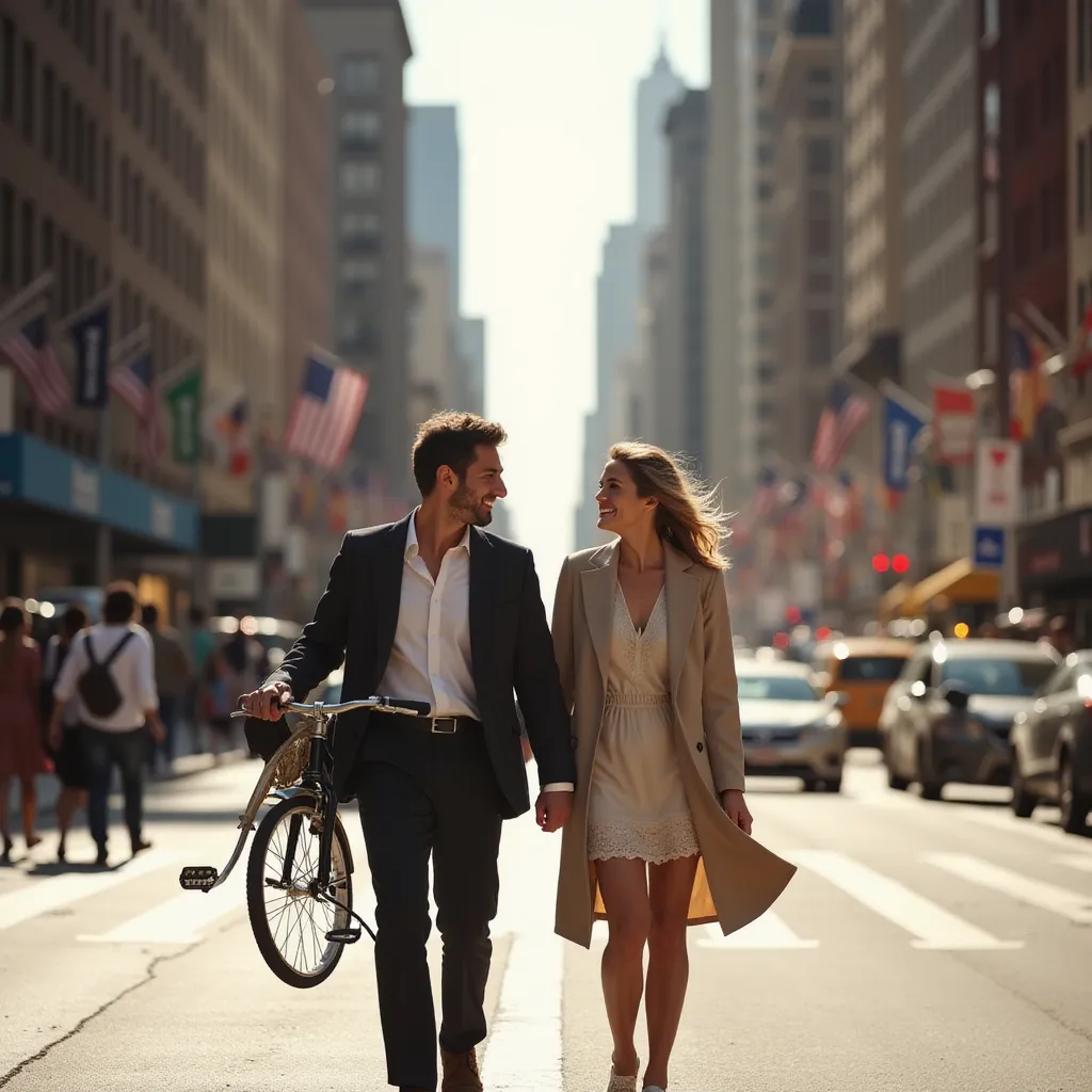 In the bustling heart of New York City, a smartly-dressed man strides confidently down the center of the bustling avenue in broad daylight. He’s not alone; at his side, matching his pace with a content smile, is his wife. Her eyes glow with admiration and love for the city's unique charm and for the man beside her. Hanging leisurely over his shoulder, he holds a vintage bicycle, its polished sheen reflecting the city’s infectious energy. They meander with the unhurried poise of those in love, unfazed by the cacophony of city life they're in. The cityscape serves as a stunning backdrop to this picturesque scene—their little tale of urban romance unfolding on the streets of this unforgettable metropolis. in the style of TOK a trtcrd tarot style