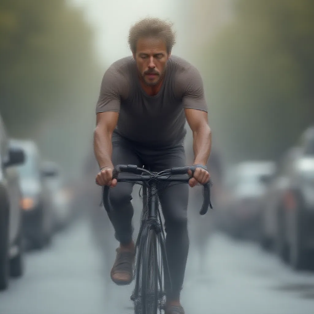An adult man energetically pedaling a sleek, modern bicycle down a bustling city street, his focused gaze fixed on the road ahead. The soft breeze ruffles his hair as he maneuvers between the cars, displaying a level of skill that comes only from regular practice, his muscles straining with the exertion. Even amidst the urban chaos, there are hints of freedom in his movement - a testament to his love for bike-riding.