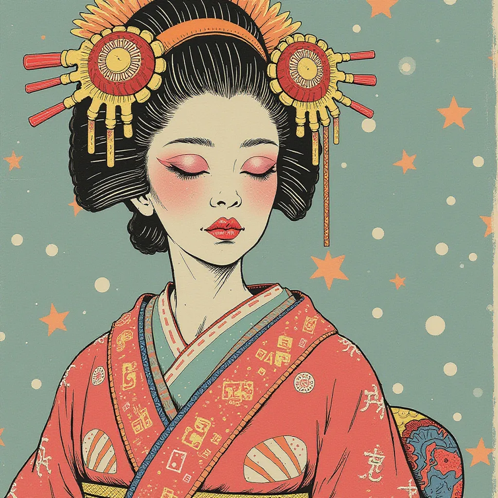 A retro-futuristic geisha with circuitry patterns on her kimono, pnt style