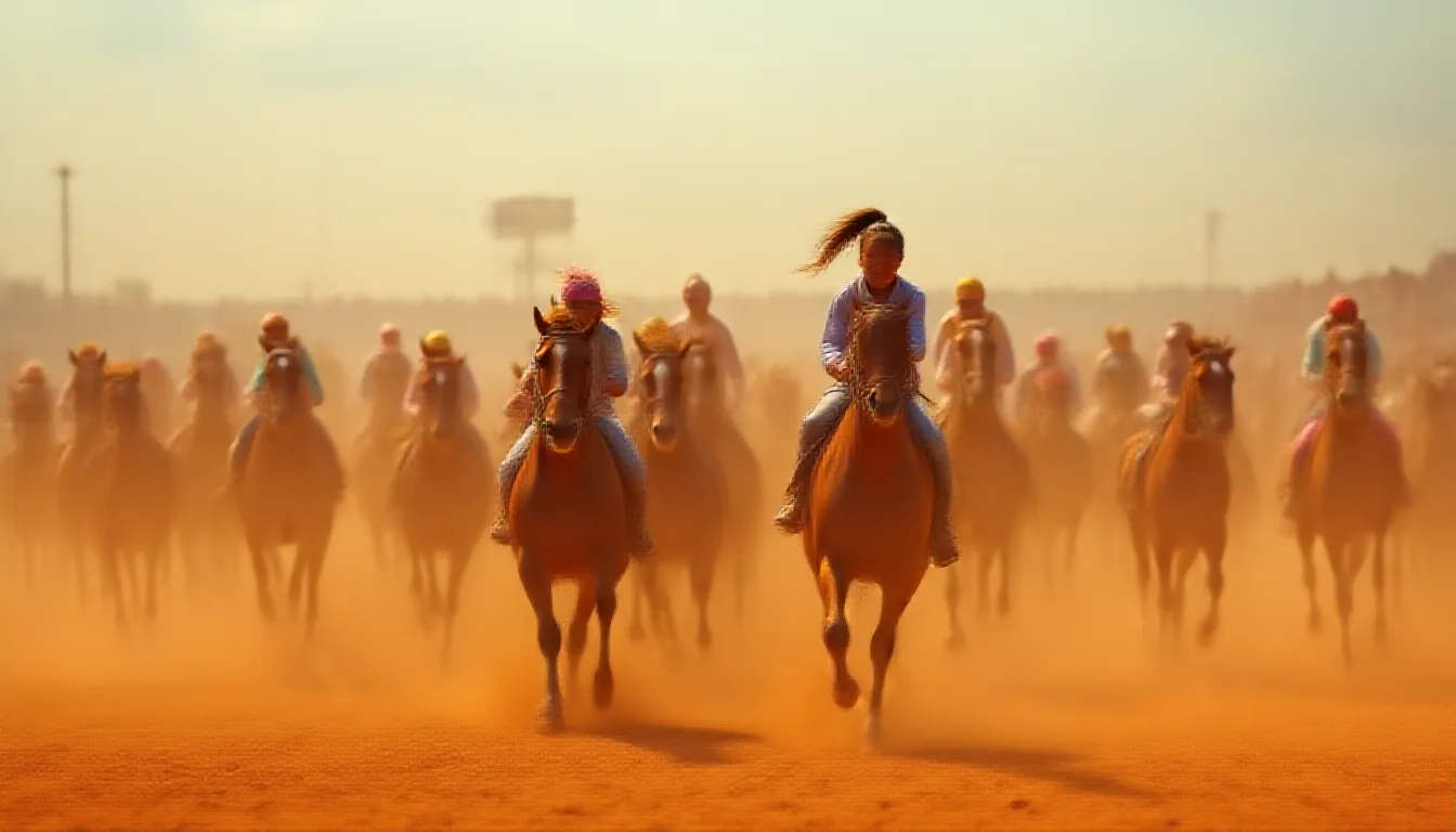 A young girl, her hair tied tightly in a ponytail, is gallantly riding on a majestic, swift horse partaking in a thrilling race. Concealed within a cloud of dust and fervor whilst amidst a multitude of powerful steeds and determined riders, she stands resolute, filled with unbridled determination. The thunderous applause from the spectators fills the air, but she remains unfazed, her focus solely on the finish line ahead, promising glory and victory. The sun shines brightly casting long racing shadows on the track, reflecting the intense atmosphere of this gripping equestrian event.
