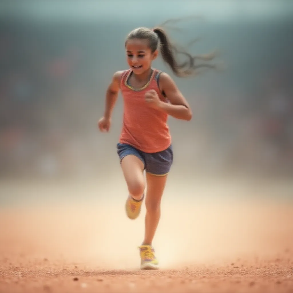 A young girl energetically running on a well-trodden athletic track, her ponytail swaying rhythmically with each stride she takes. The roar of the crowd around the arena fades into a subtle hum as she focuses on the finish line just meters away. Dressed in a vibrant running attire, and her feet clad in neon running shoes, she kicks up a flurry of dust as she pushes forward on the gravel track, her determined face reflecting the intense passion she holds for the sport.