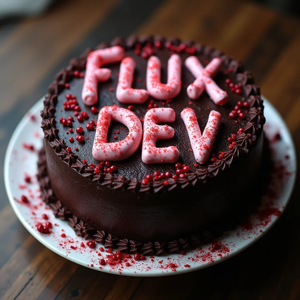 black forest gateau cake spelling out the words "FLUX DEV", tasty, food photography, dynamic shot