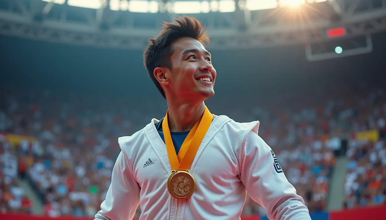 In the captivating year of 2024, at the renowned Paris Olympics, a man, robust and agile, had worlwide attention as he was engrossed in the thrilling game of Taekwondo. The crowd was pulsating with energy, their cheering reverberating across the stark boundaries of the splendid stadium, echoing under the Parisian sky. The competitors displayed awe-inspiring techniques and movements, embodying the essence of this ancient martial art. 

This particular man was breathtaking in his performances; his kicks faster than lightning, his techniques intriguing and his focus unwavered, even under the tense atmosphere of the Olympics. Under intense scrutiny of spectators and jury, he gracefully fought his way through several challenging rounds of combat, outperforming numerous world-class competitors.

Impressively, his journey culminated in victory after a nail-biting final match that left the crowd gasping and clapping in unison. Remarkably, he was awarded the prestigious gold medal, signifying not only his superiority in Taekwondo but also his relentless persistence and dedication. His celebrations were heart-warming; he wore his medal with a joyous glow on his face, reflecting his pride and overwhelming happiness. Whole stadium was erupting in euphoric applause, celebrating this enormous victory, memorializing a spectacular moment in the history of the Paris Olympics, 2024.